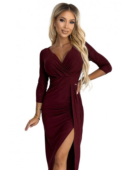  404-5 Shiny dress with a neckline and a slit on the leg - Burgundy color 