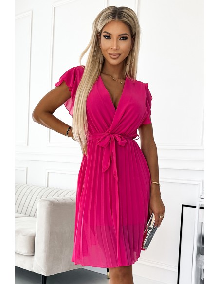  424-2 Chiffon pleated dress with a neckline and frills - pink barbie color 