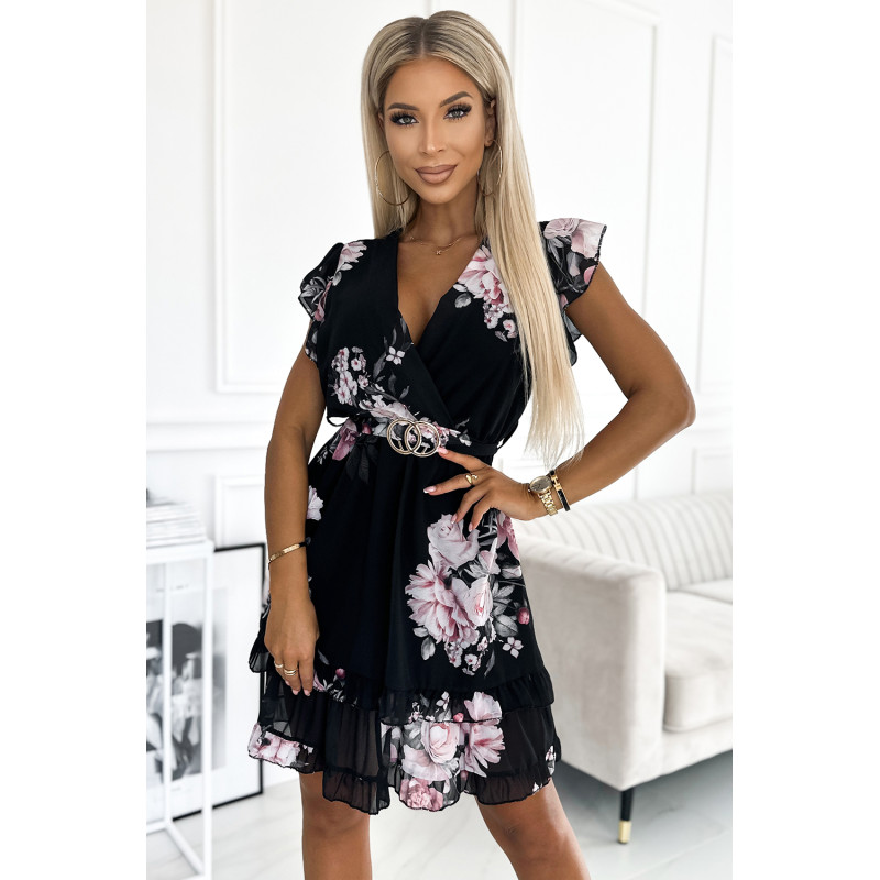 468-2 PATRIZIA dress with an envelope neckline, belt and short sleeves - black with roses  2