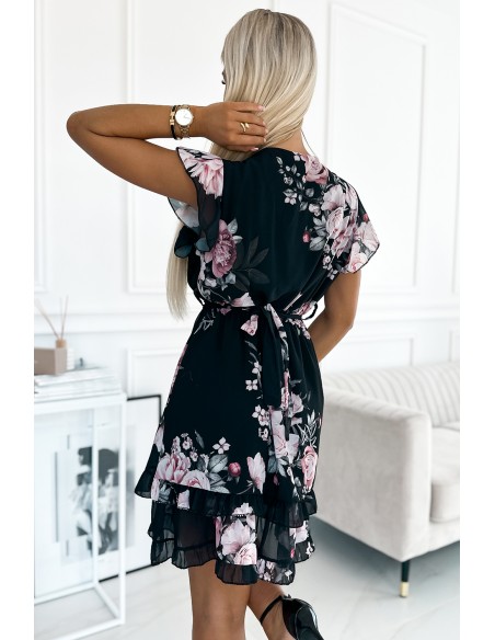  468-2 PATRIZIA dress with an envelope neckline, belt and short sleeves - black with roses 