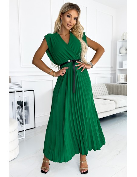  485-1 Pleated dress with frills, neckline and black belt - green 