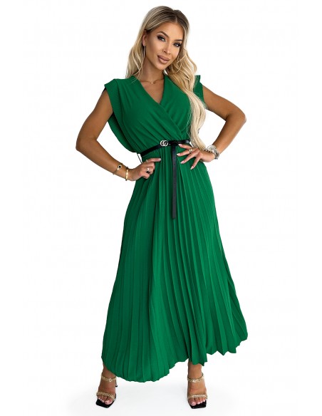  485-1 Pleated dress with frills, neckline and black belt - green 