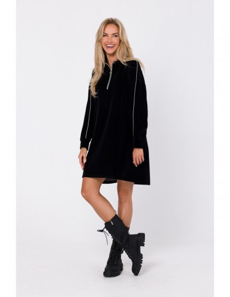 M764 Assymetric dress with zipped collar - black