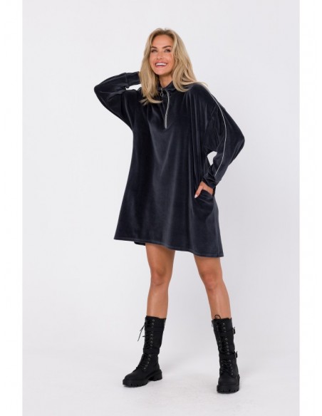 M764 Assymetric dress with zipped collar - graphite