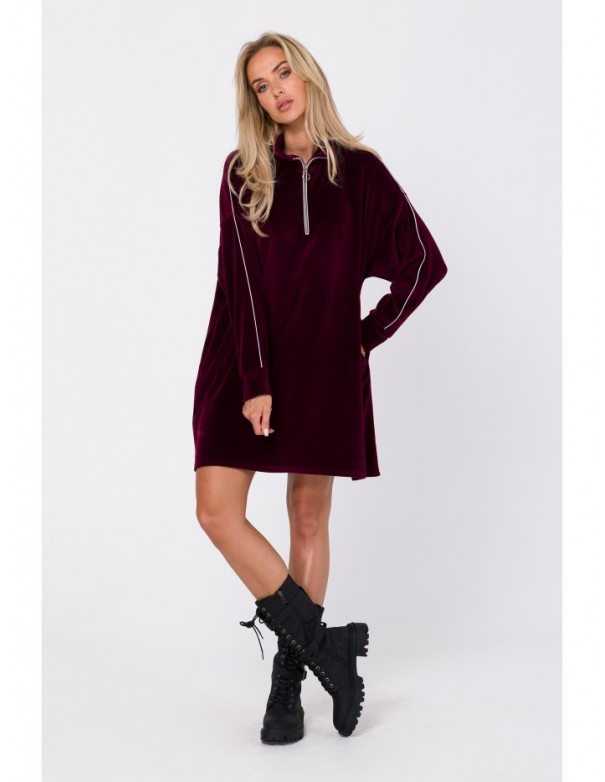 M764 Assymetric dress with zipped collar - maroon