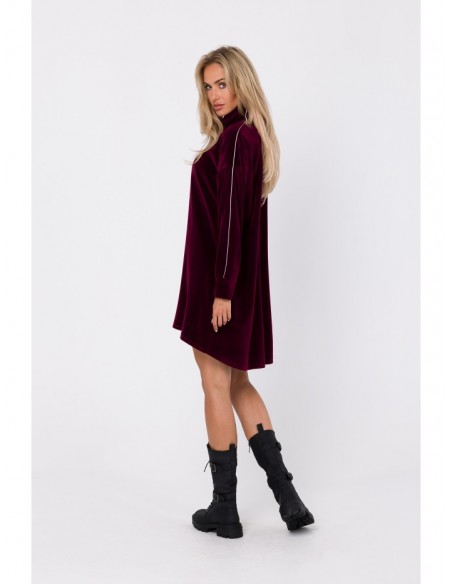 M764 Assymetric dress with zipped collar - maroon