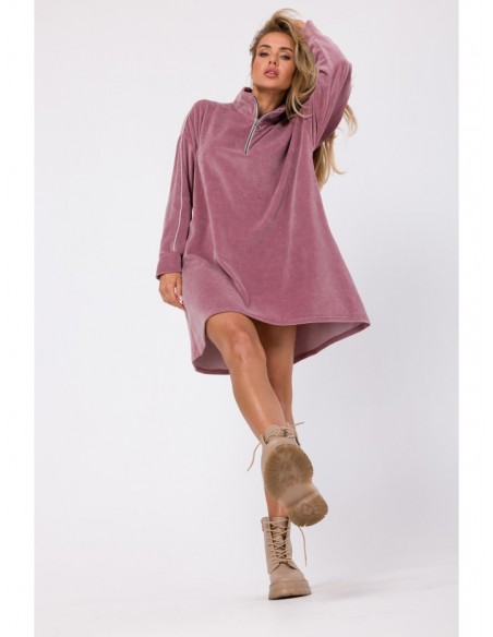 M764 Assymetric dress with zipped collar - crepe pink