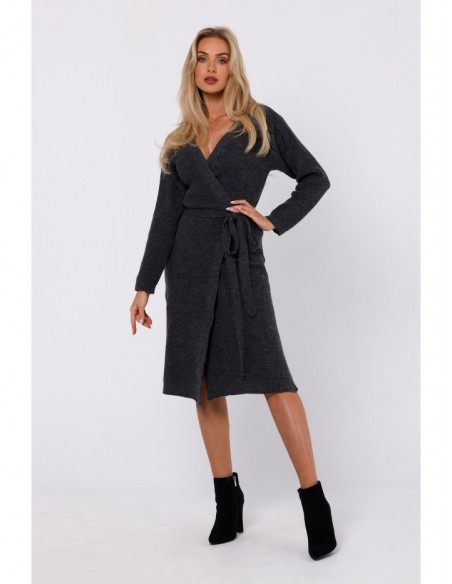 M772 Wrap sweater dress with a tie detail - anthracite