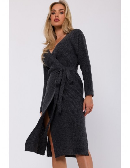 M772 Wrap sweater dress with a tie detail - anthracite