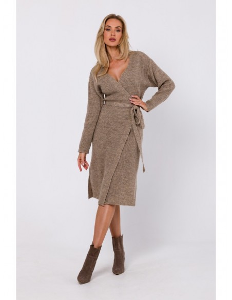 M772 Wrap sweater dress with a tie detail - lightbrown