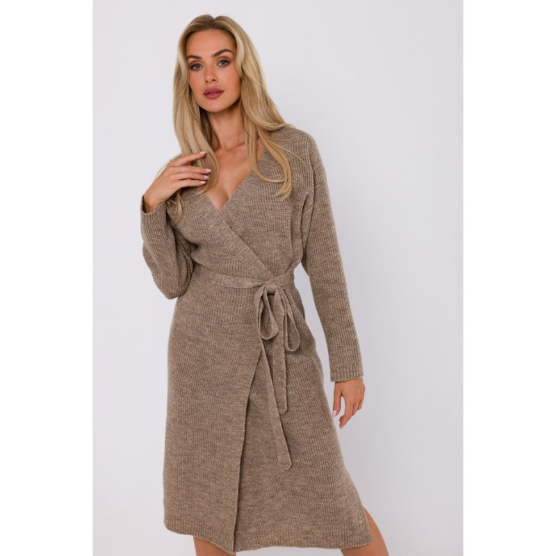 M772 Wrap sweater dress with a tie detail - lightbrown 2
