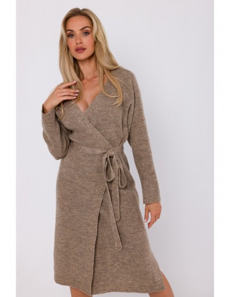 M772 Wrap sweater dress with a tie detail - lightbrown