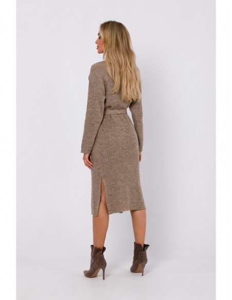 M772 Wrap sweater dress with a tie detail - lightbrown