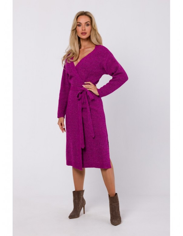 M772 Wrap sweater dress with a tie detail - rapsberry