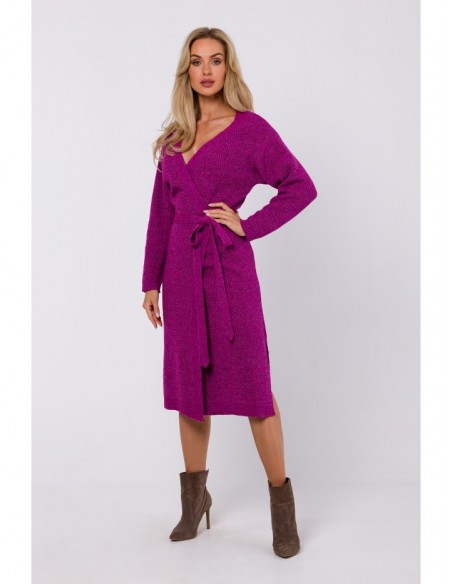 M772 Wrap sweater dress with a tie detail - rapsberry