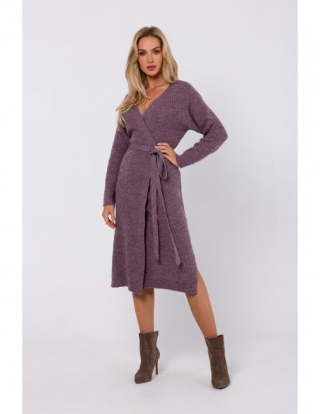 M772 Wrap sweater dress with a tie detail - heather