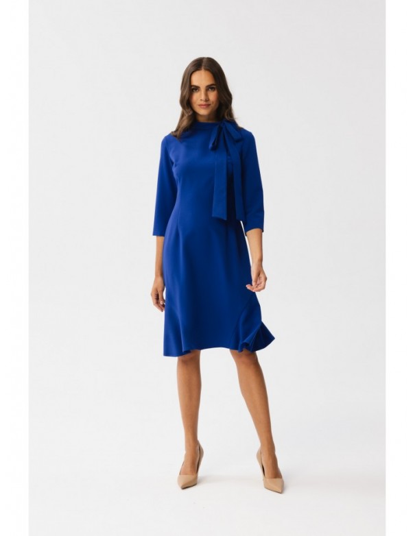 S346 Dress with a tie neck - royal blue