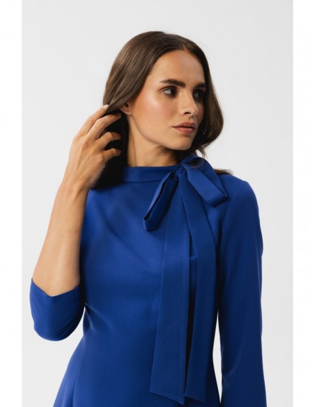 S346 Dress with a tie neck - royal blue