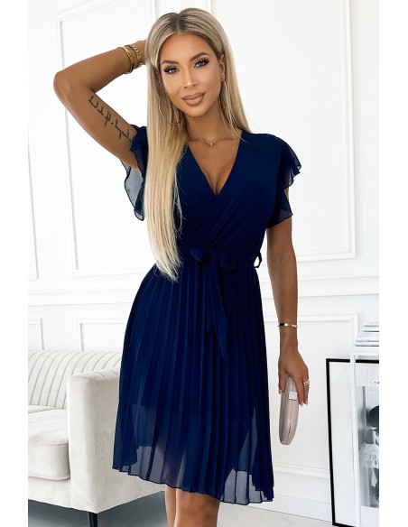  424-3 Chiffon pleated dress with a neckline and frills - navy blue 