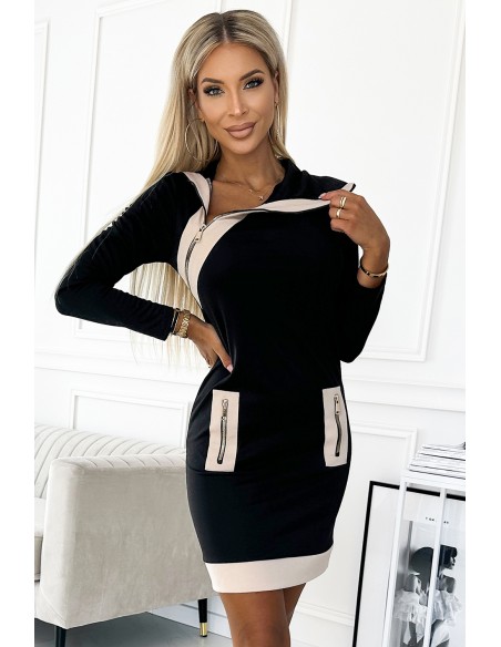  497-1 Two-color dress with three zippers - black and beige 