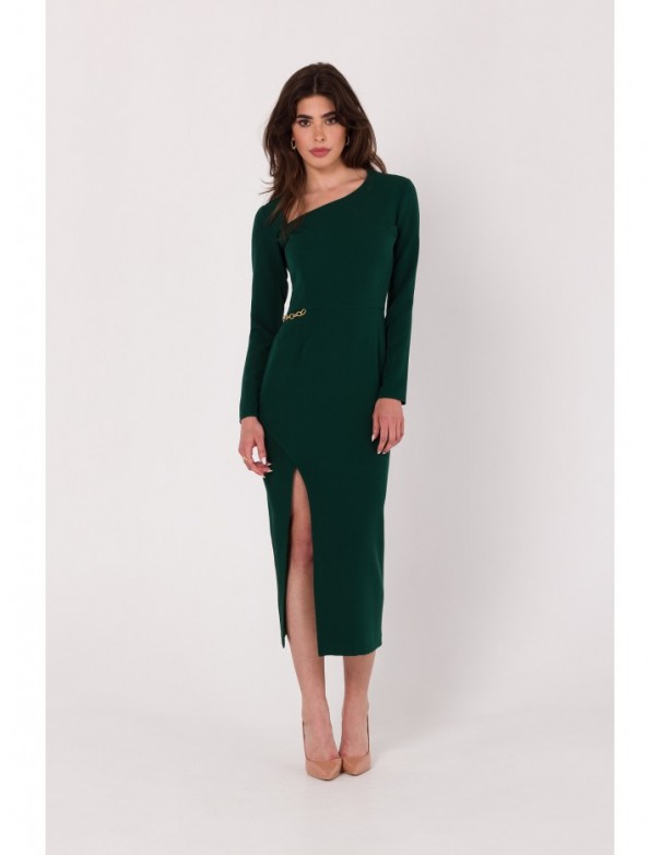 K178 Sheath dress with assymetric neckline - bottle green