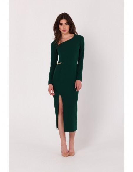 K178 Sheath dress with assymetric neckline - bottle green