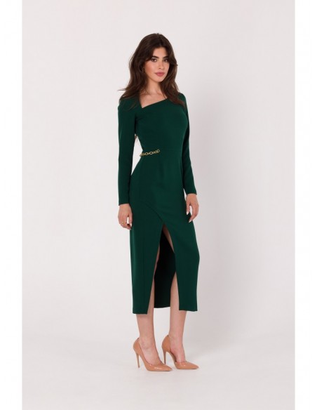 K178 Sheath dress with assymetric neckline - bottle green