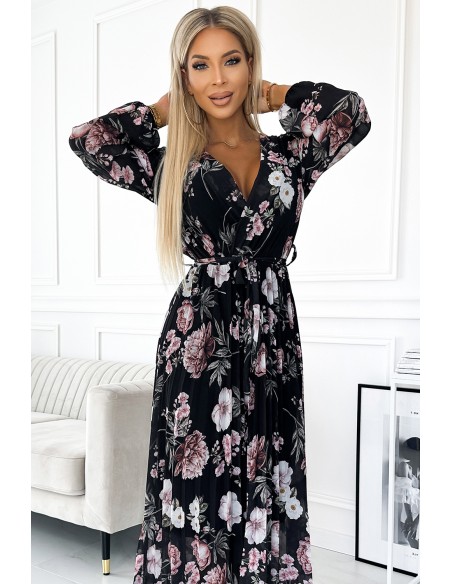  502-1 Pleated midi dress with a neckline, long sleeves and a tie at the waist - black with pink flowers 