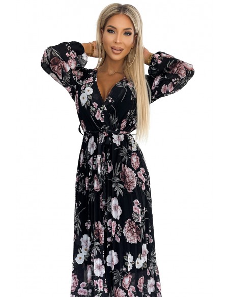  502-1 Pleated midi dress with a neckline, long sleeves and a tie at the waist - black with pink flowers 
