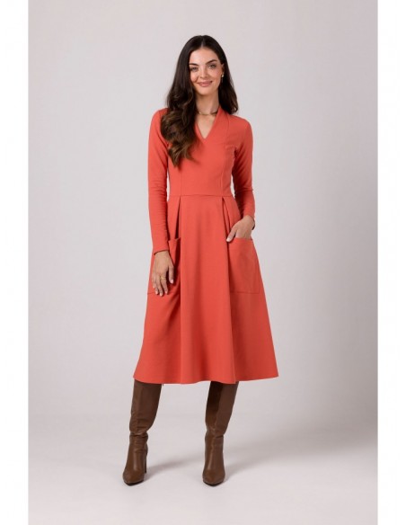 B266 Flared dress with patch pockets - brick red