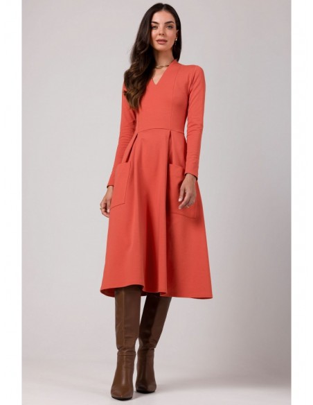 B266 Flared dress with patch pockets - brick red