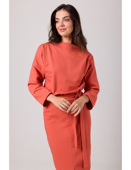 B269 Mid lenght dress with bloused top - brick red