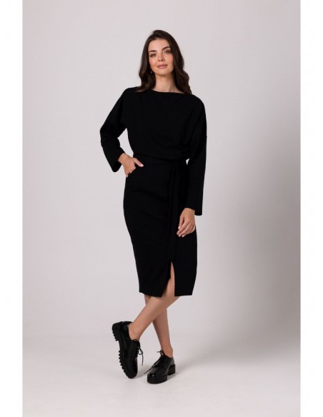 B269 Mid lenght dress with bloused top - black