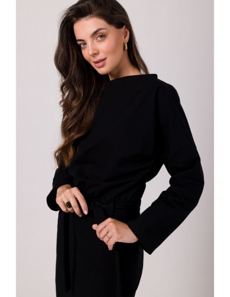 B269 Mid lenght dress with bloused top - black