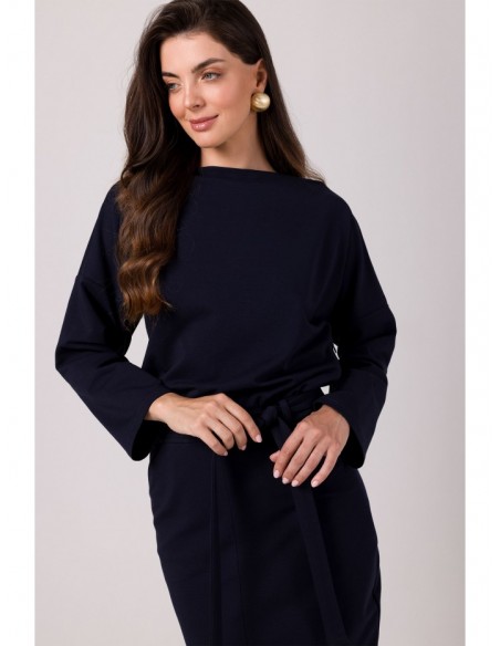 B269 Mid lenght dress with bloused top - navy blue