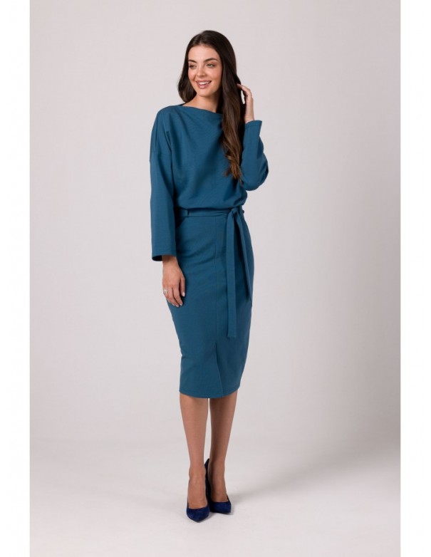 B269 Mid lenght dress with bloused top - ocean blue