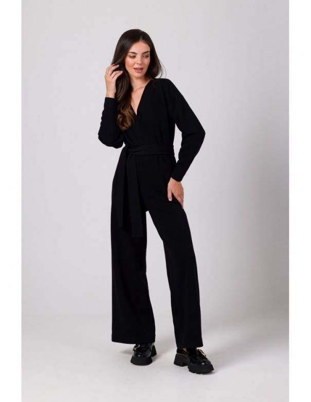 B272 Jumpsuit with deep V neck - black