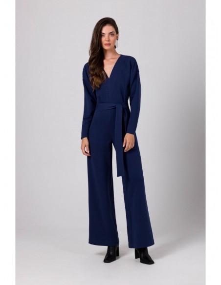 B272 Jumpsuit with deep V neck - blue