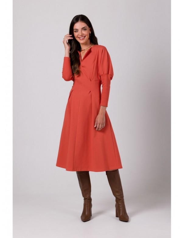 B273 Flared dress with cinched waist - brick red