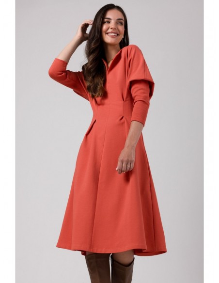 B273 Flared dress with cinched waist - brick red