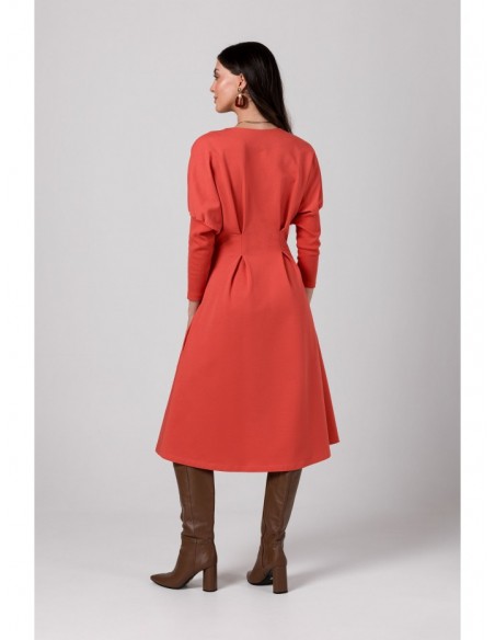 B273 Flared dress with cinched waist - brick red