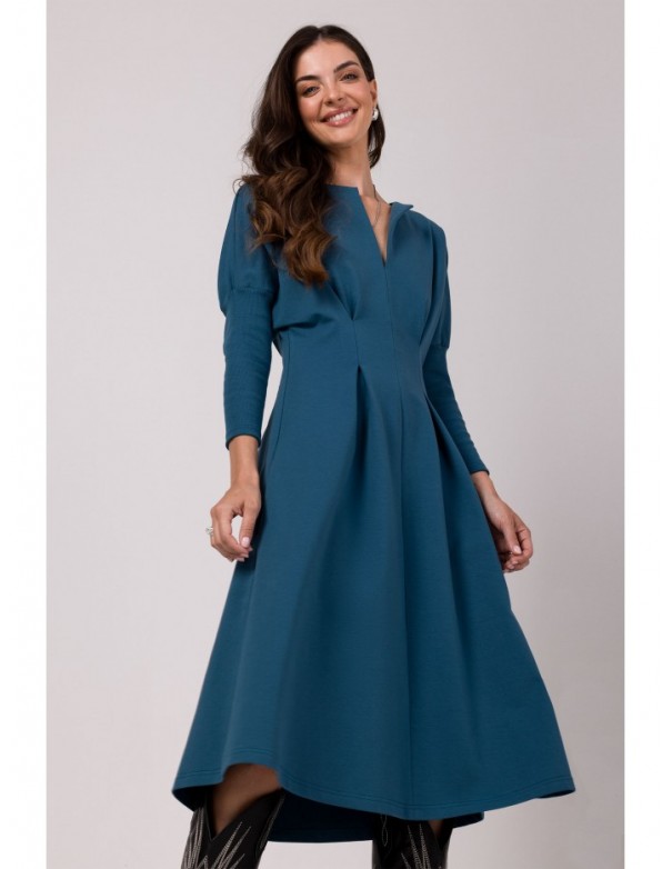 B273 Flared dress with cinched waist - ocean blue