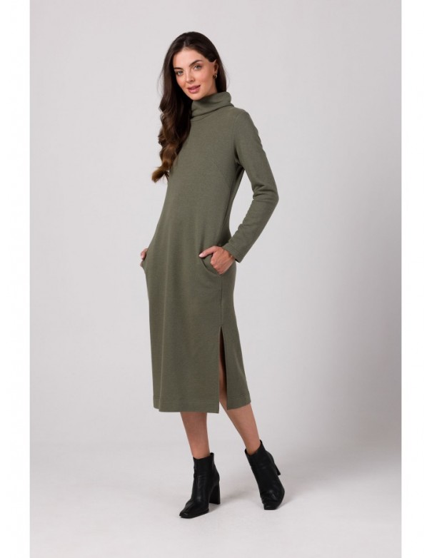 B274 Mid lenght dress with turtle neck - khaki