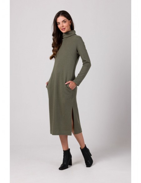 B274 Mid lenght dress with turtle neck - khaki