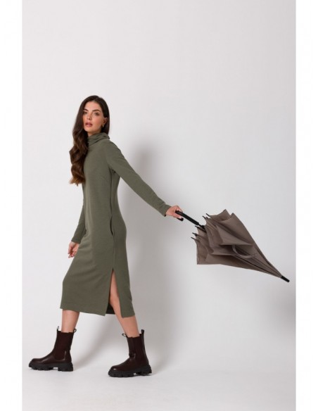 B274 Mid lenght dress with turtle neck - khaki