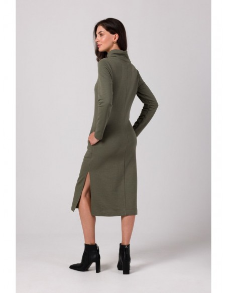 B274 Mid lenght dress with turtle neck - khaki