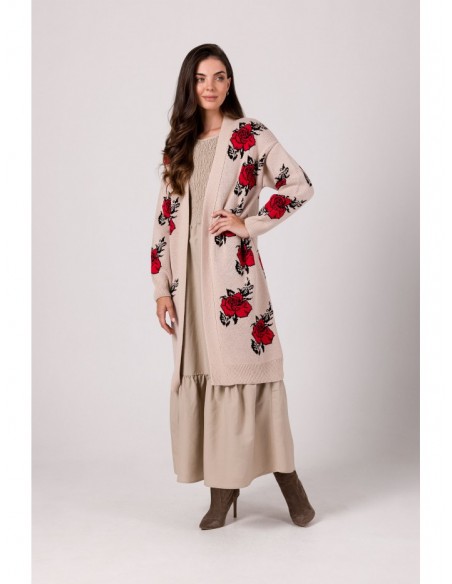 BK102 Jacquard cardigan with rose pattern - beige