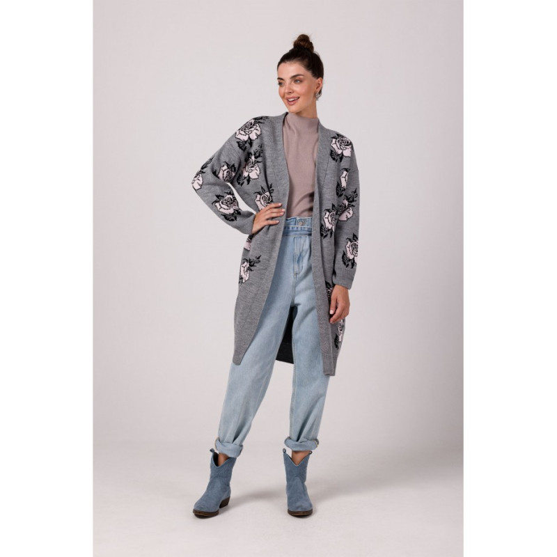 BK102 Jacquard cardigan with rose pattern - light grey 2