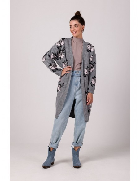 BK102 Jacquard cardigan with rose pattern - light grey