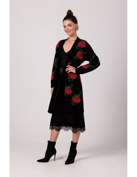 BK102 Jacquard cardigan with rose pattern - black